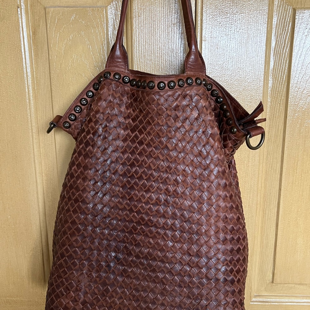 Sophisticated Brown Woven Tote with Leather Straps